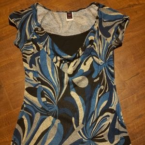 Swirled Bloom Burst Short Sleeve Swoop Neck Top